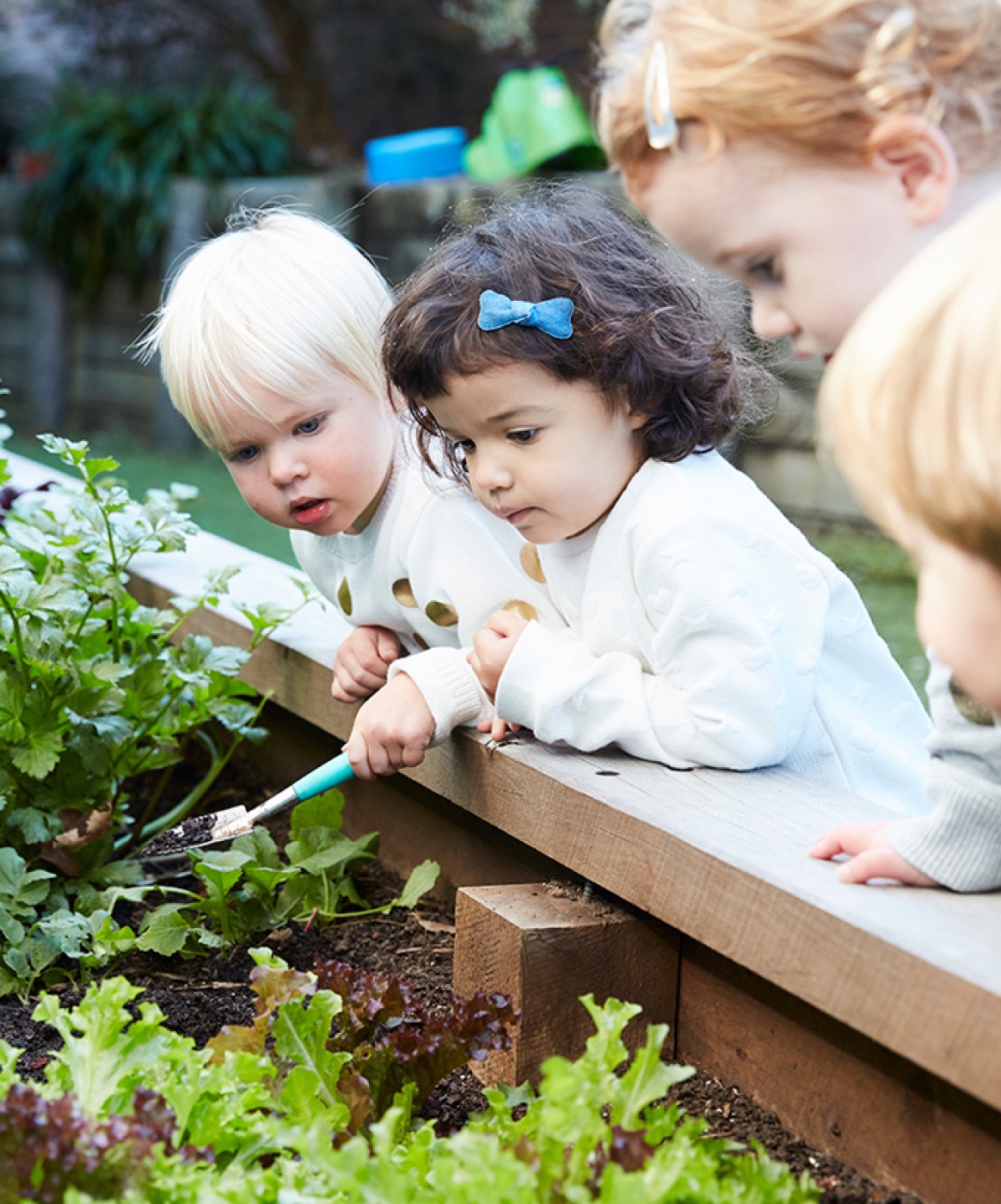 Two toddlers planting seedlings in a raised garden bed